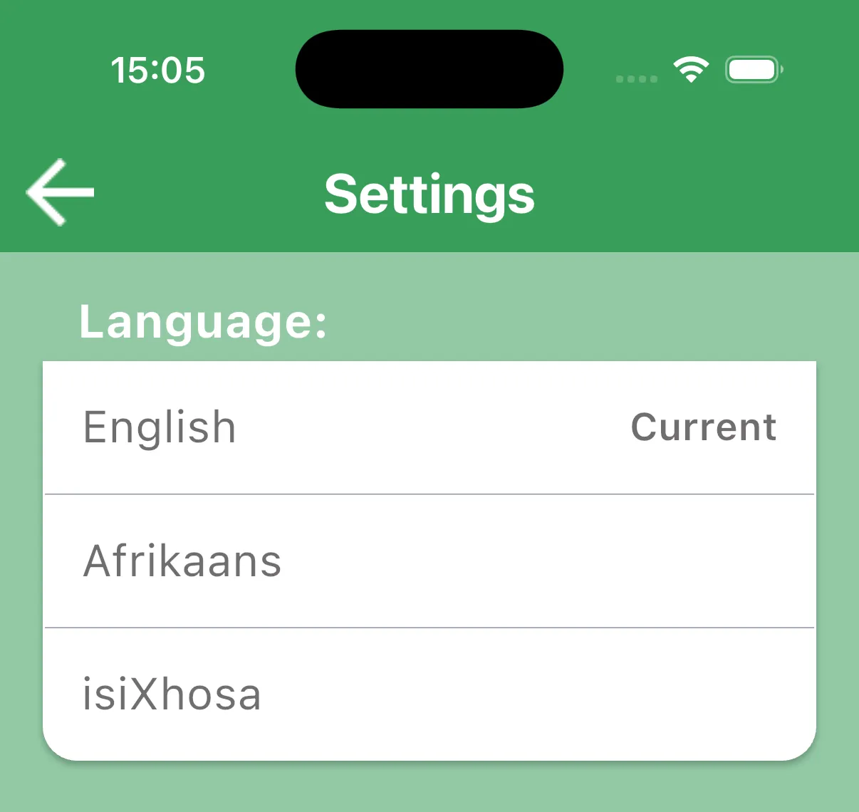 Language settings with English, Afrikaans and isiXhosa choices