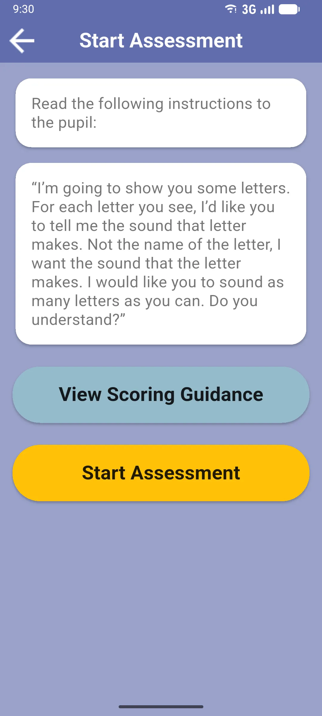 Start Assessment screen with instructions and View Scoring Guidance and Start Assessment buttons