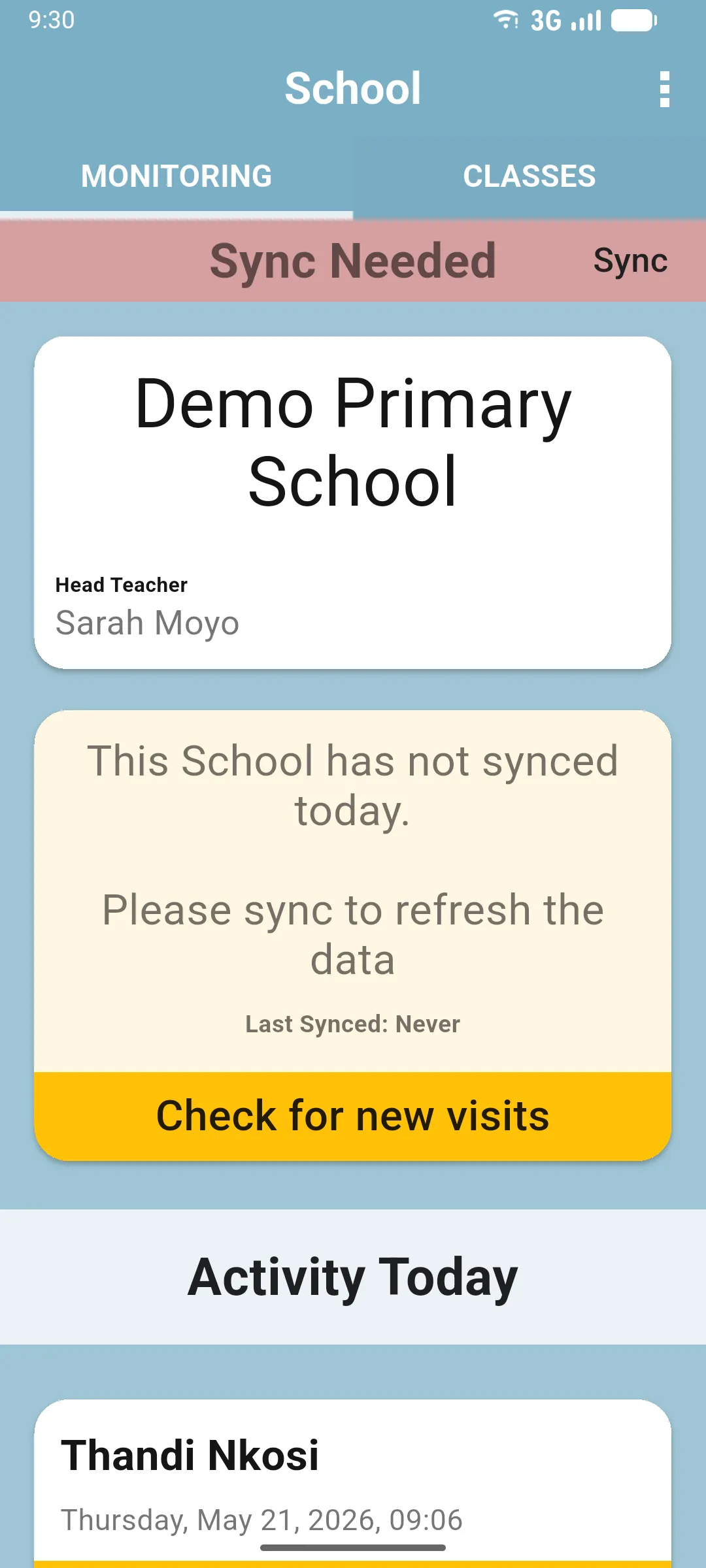 Pink Sync Needed banner on the home screen