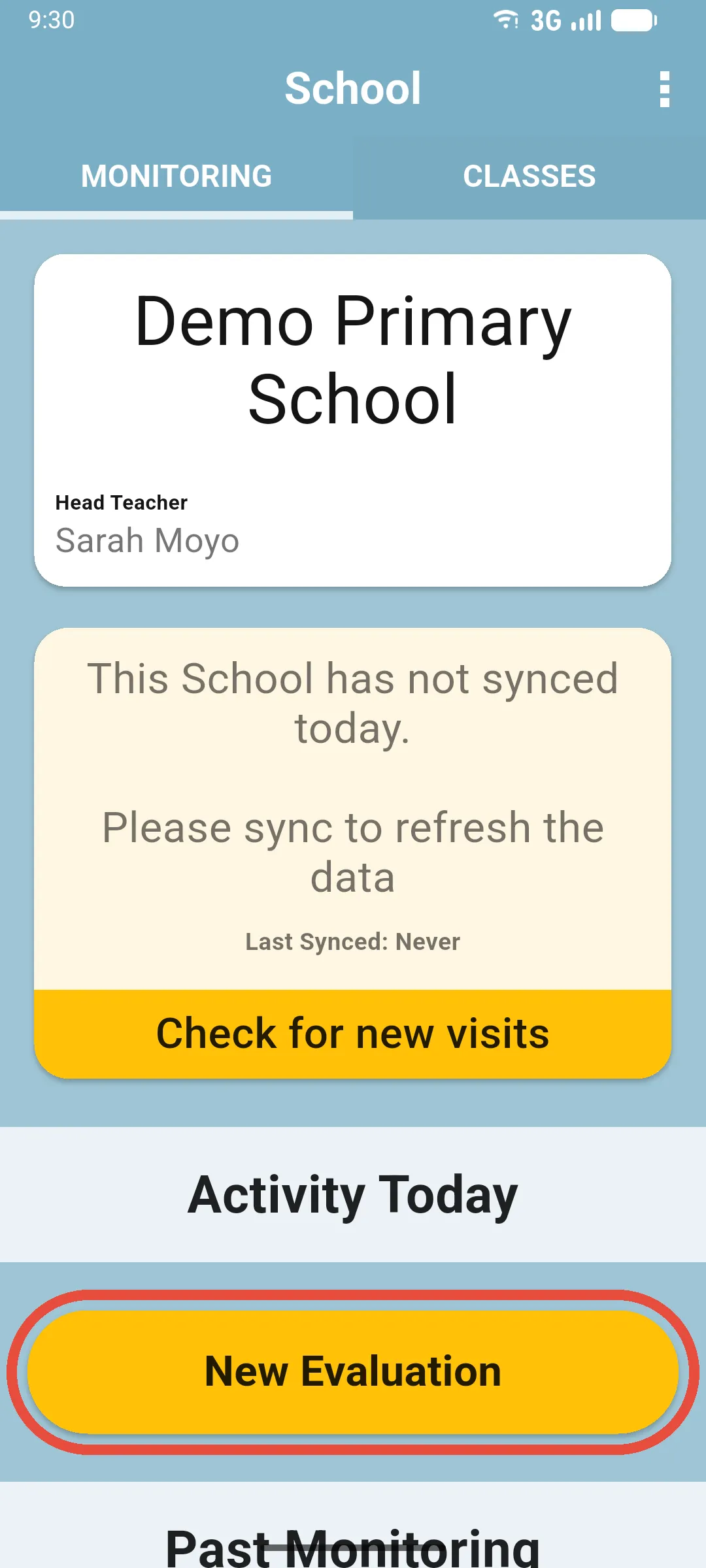 Home screen with the New Evaluation button highlighted