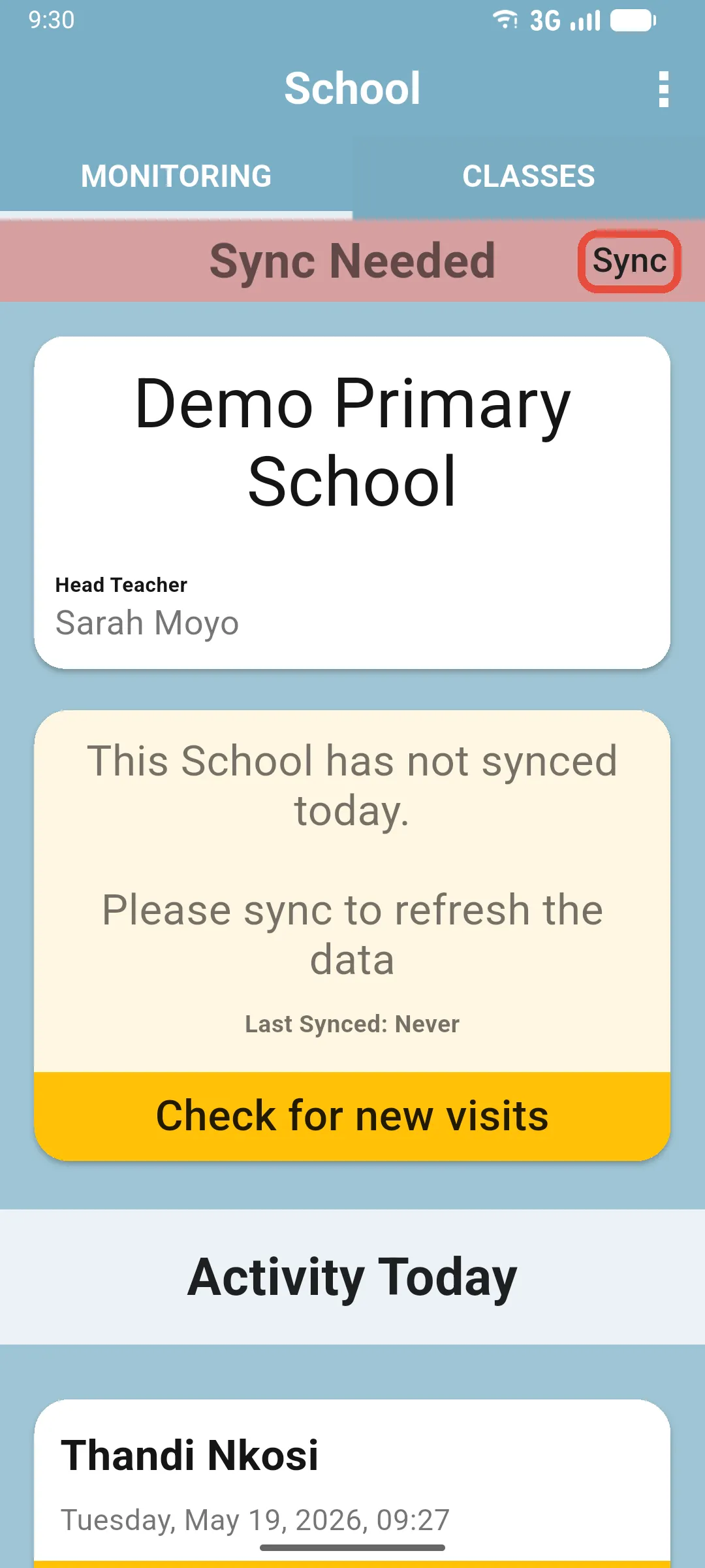 School home with the Sync Needed banner and the Sync link on the right highlighted