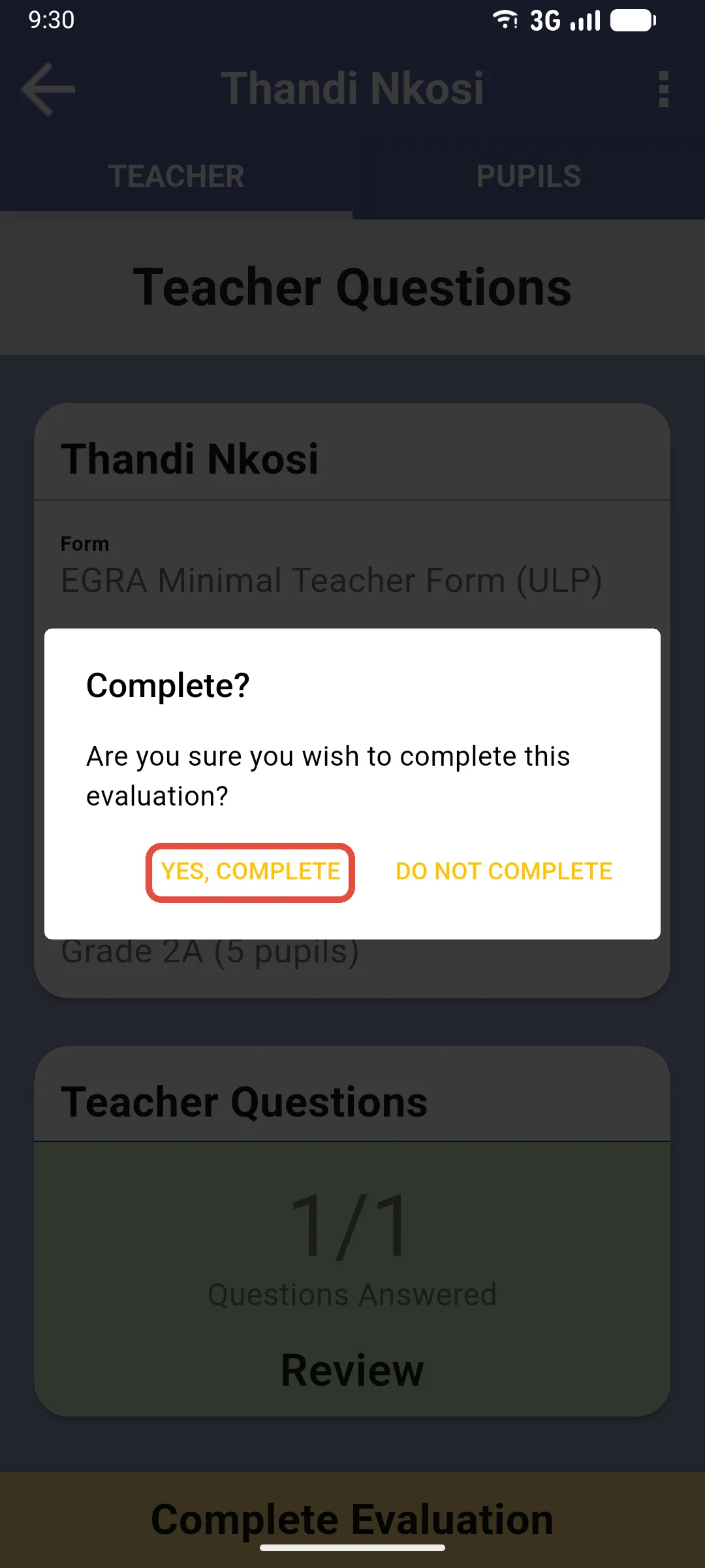 Complete? confirmation dialog with the YES, COMPLETE button highlighted