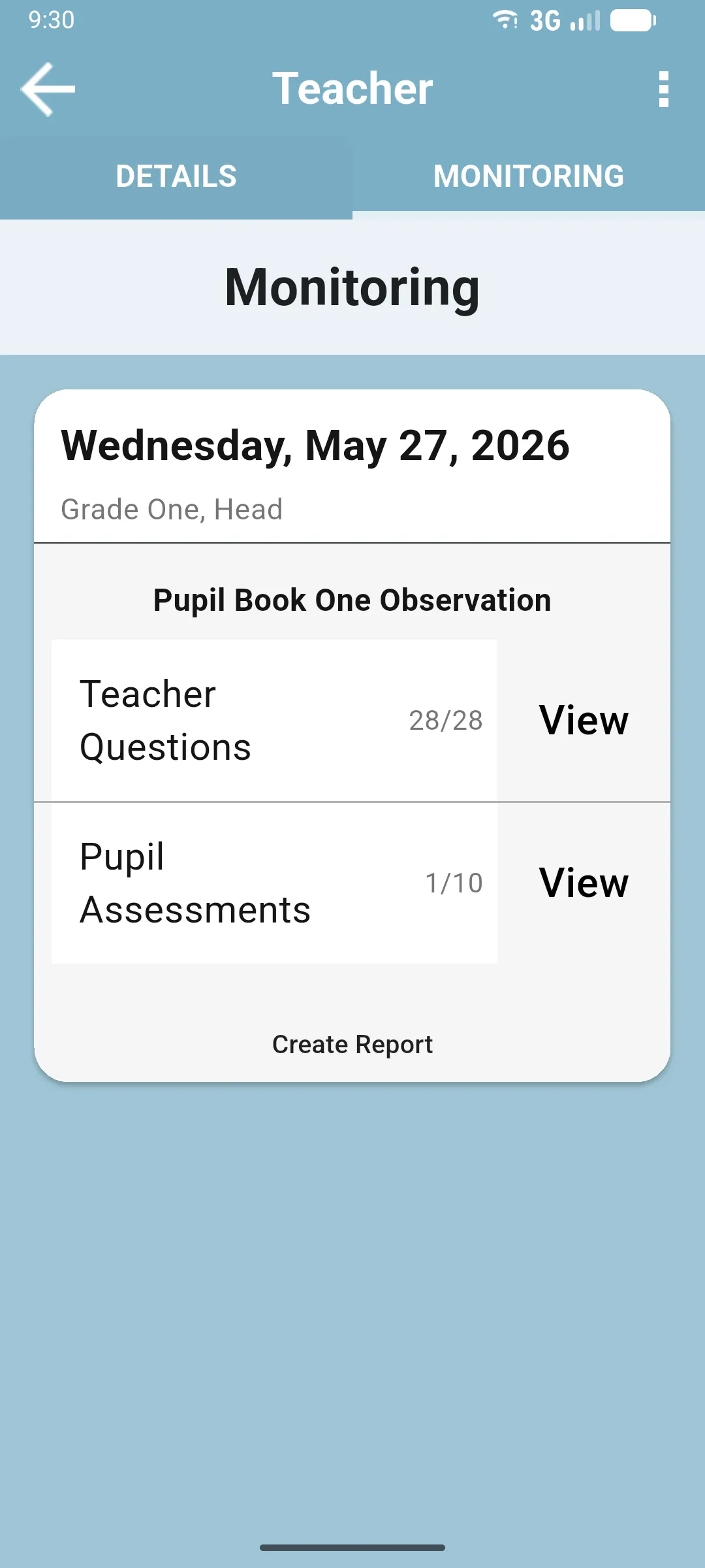 Teacher Detail on the MONITORING tab showing a Wednesday May 27, 2026 evaluation card with Grade One Head role, Pupil Book One Observation form, Teacher Questions 28/28, Pupil Assessments 1/10 and a Create Report button