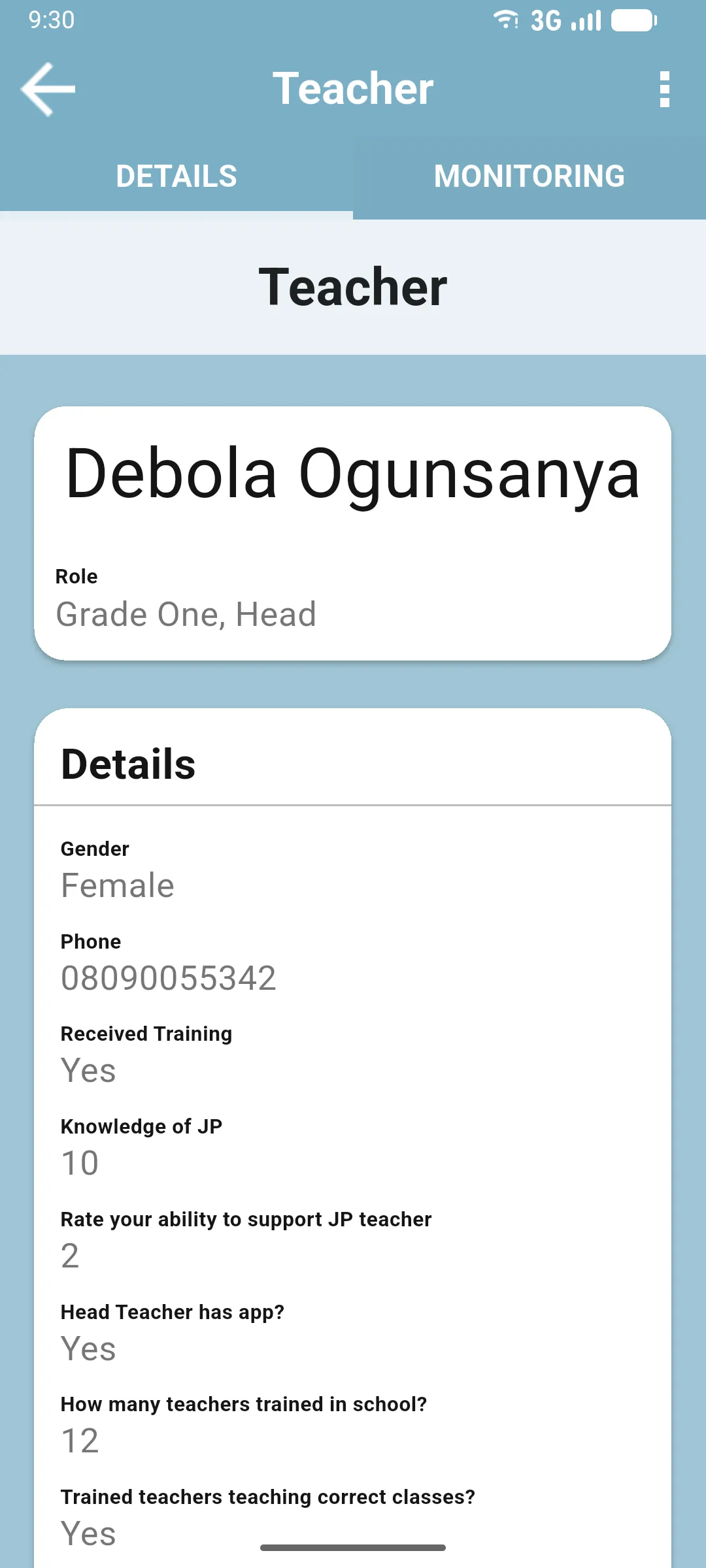 Teacher Detail screen on the DETAILS tab with the teacher's name and role at the top and a Details card below
