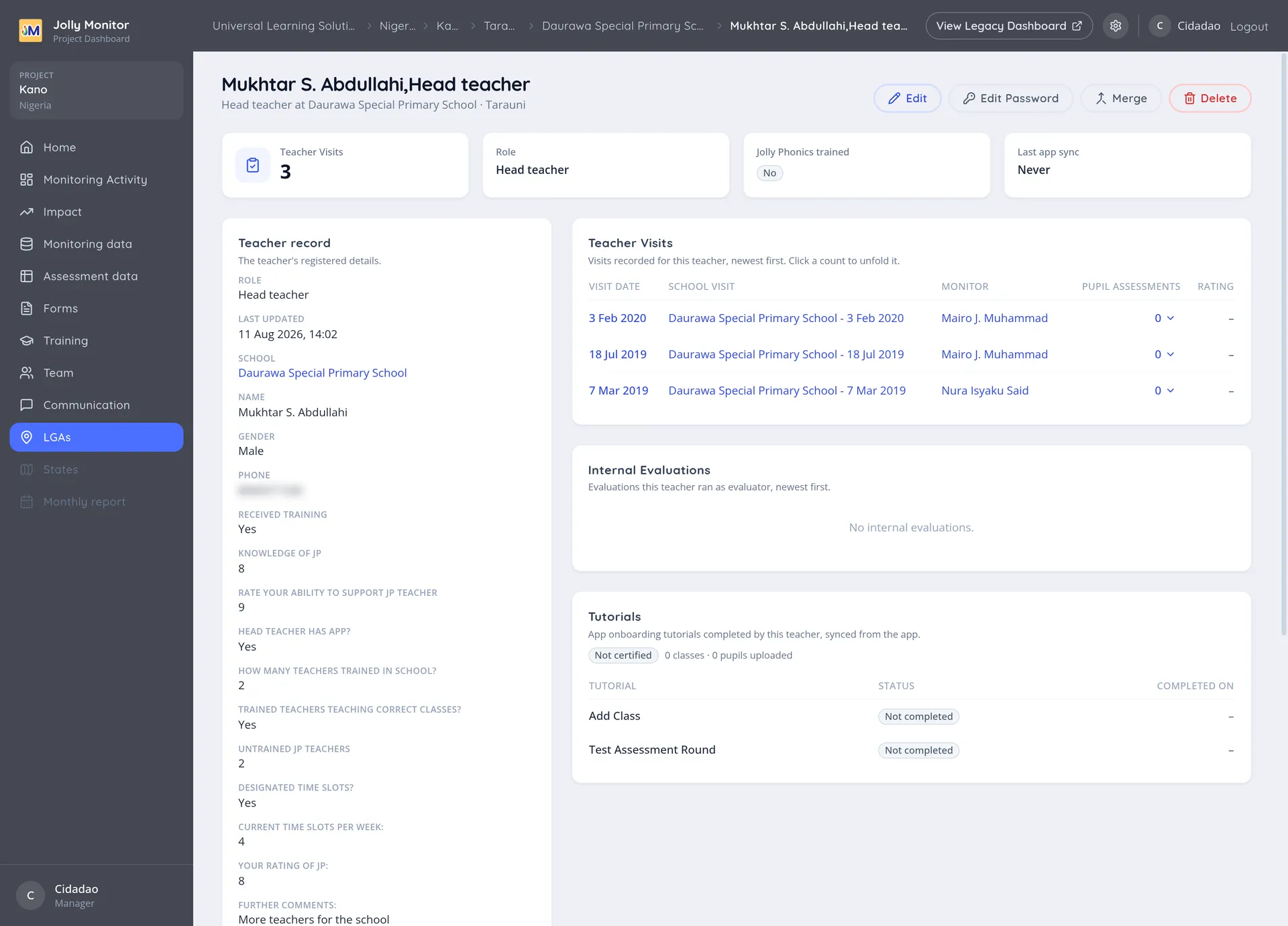 The Teacher page with the teacher record and the tables of visits, evaluations and tutorials