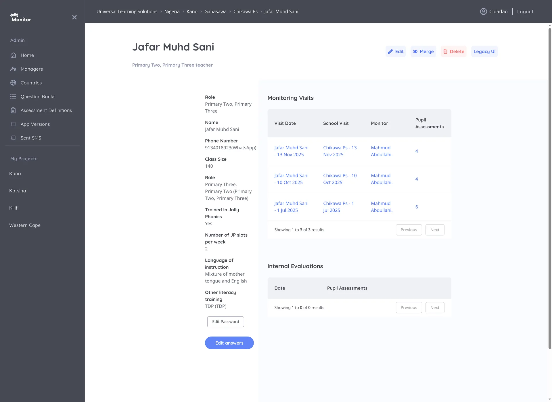 The Teacher page showing the recorded details, the Monitoring Visits table and Internal Evaluations
