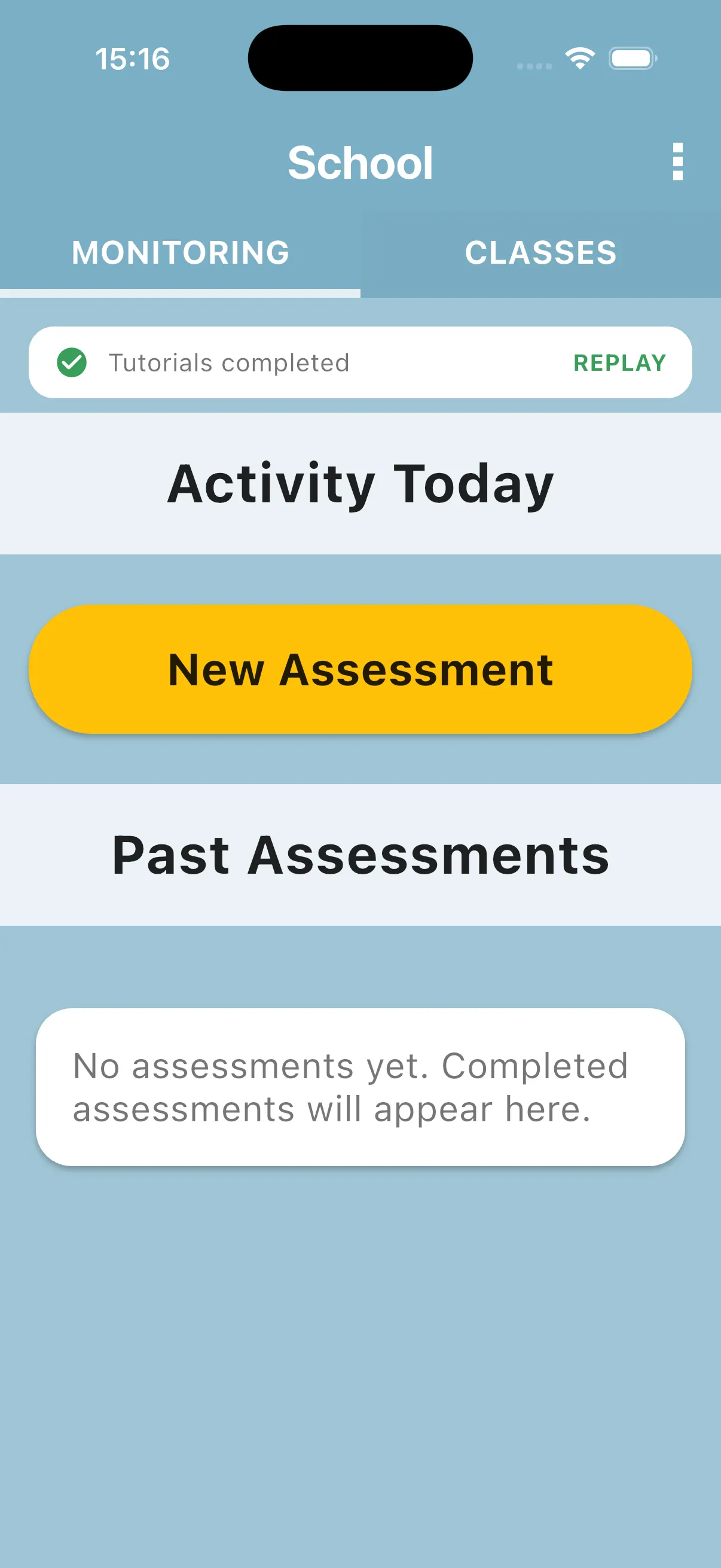 Current teacher home with Tutorials completed, New Assessment and Past Assessments