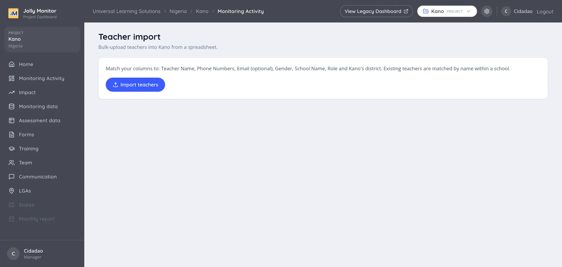 The teacher import page with its list of expected columns and the Import teachers button