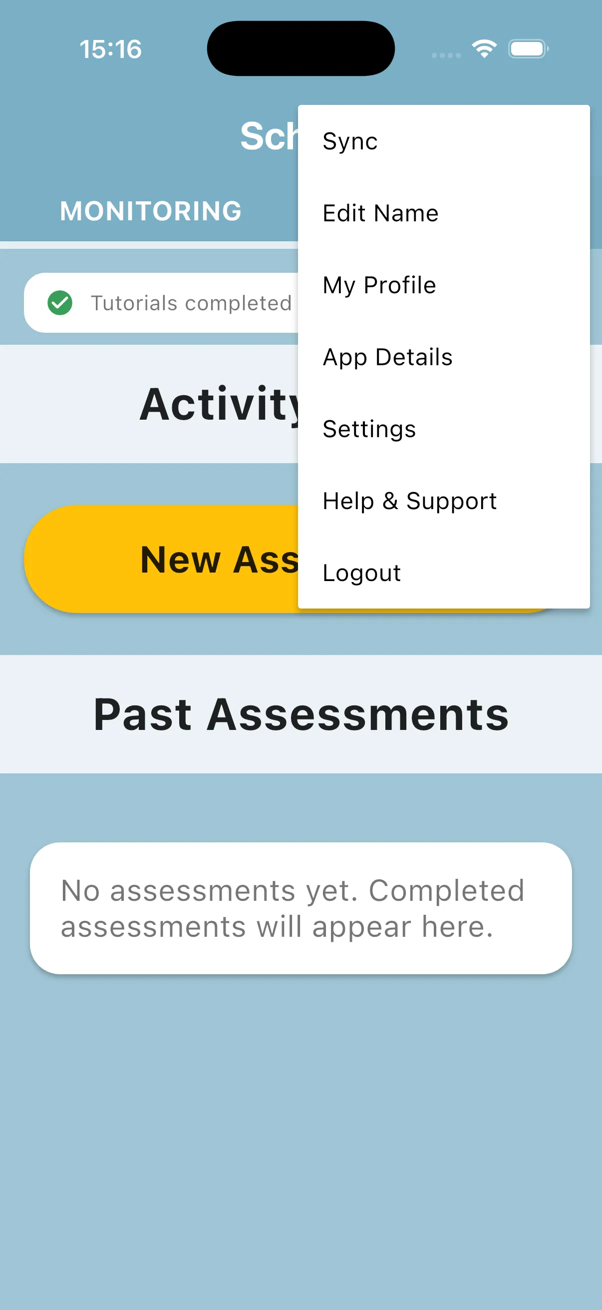 Teacher home menu with profile, Settings, support and sync actions