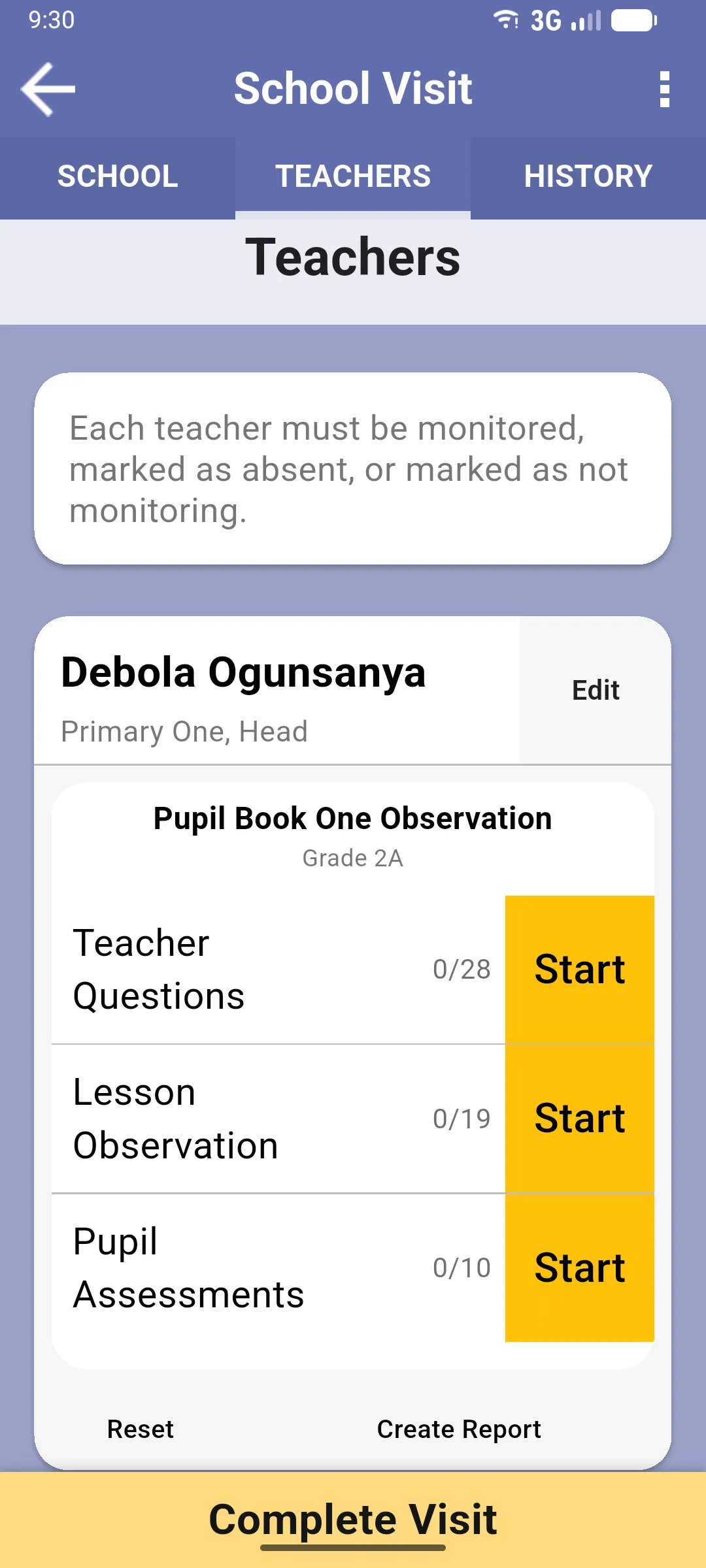 Expanded teacher card inside the TEACHERS tab with a Pupil Book One Observation sub-card for Grade 2A and three sections (Teacher Questions, Lesson Observation, Pupil Assessments) each with a Start button