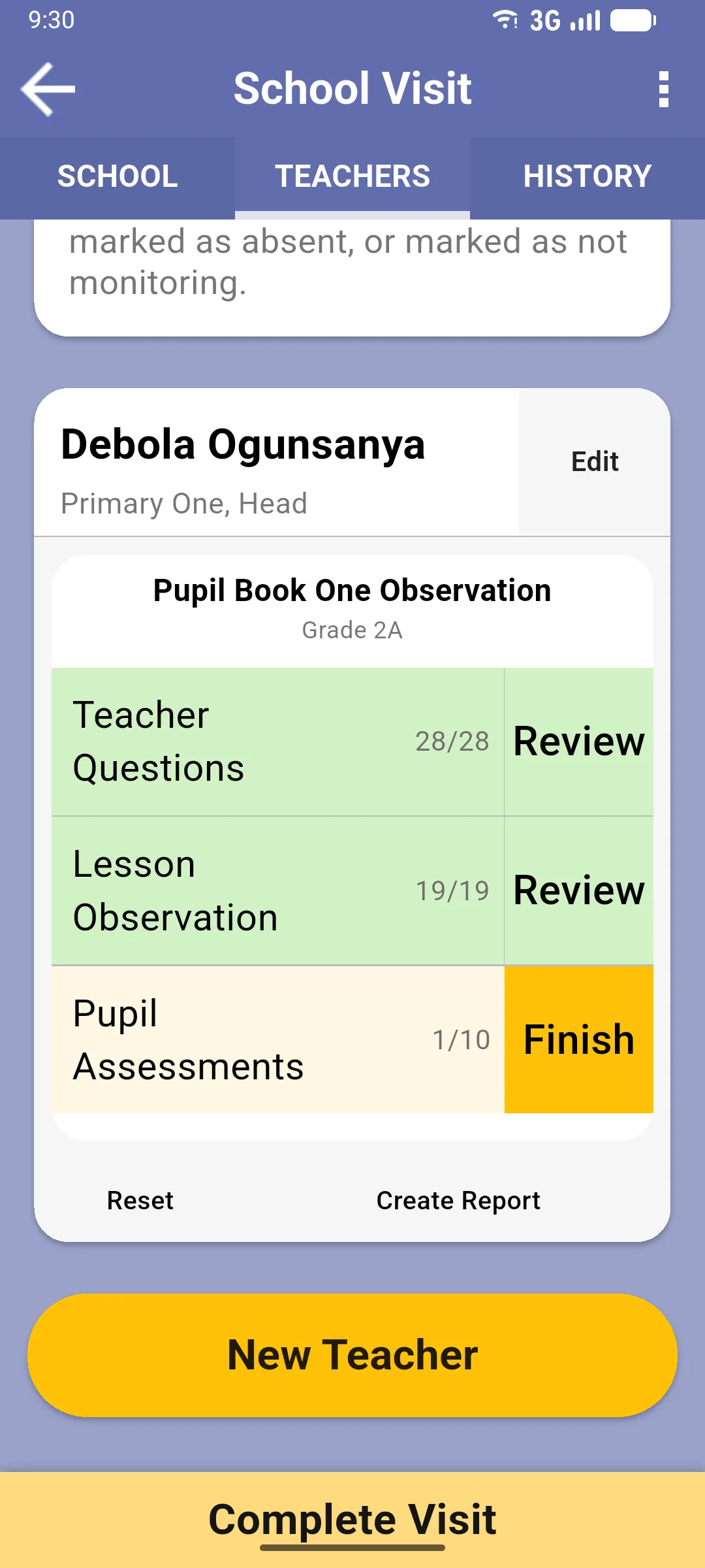 Teacher card with Teacher Questions 28/28 Review, Lesson Observation 19/19 Review and Pupil Assessments 1/10 Finish, with the Complete Visit button at the bottom