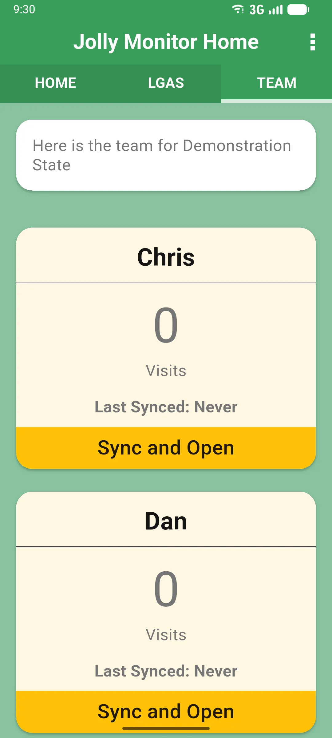 Team tab showing teammate cards with their name, visit count, last synced date and a Sync and Open button