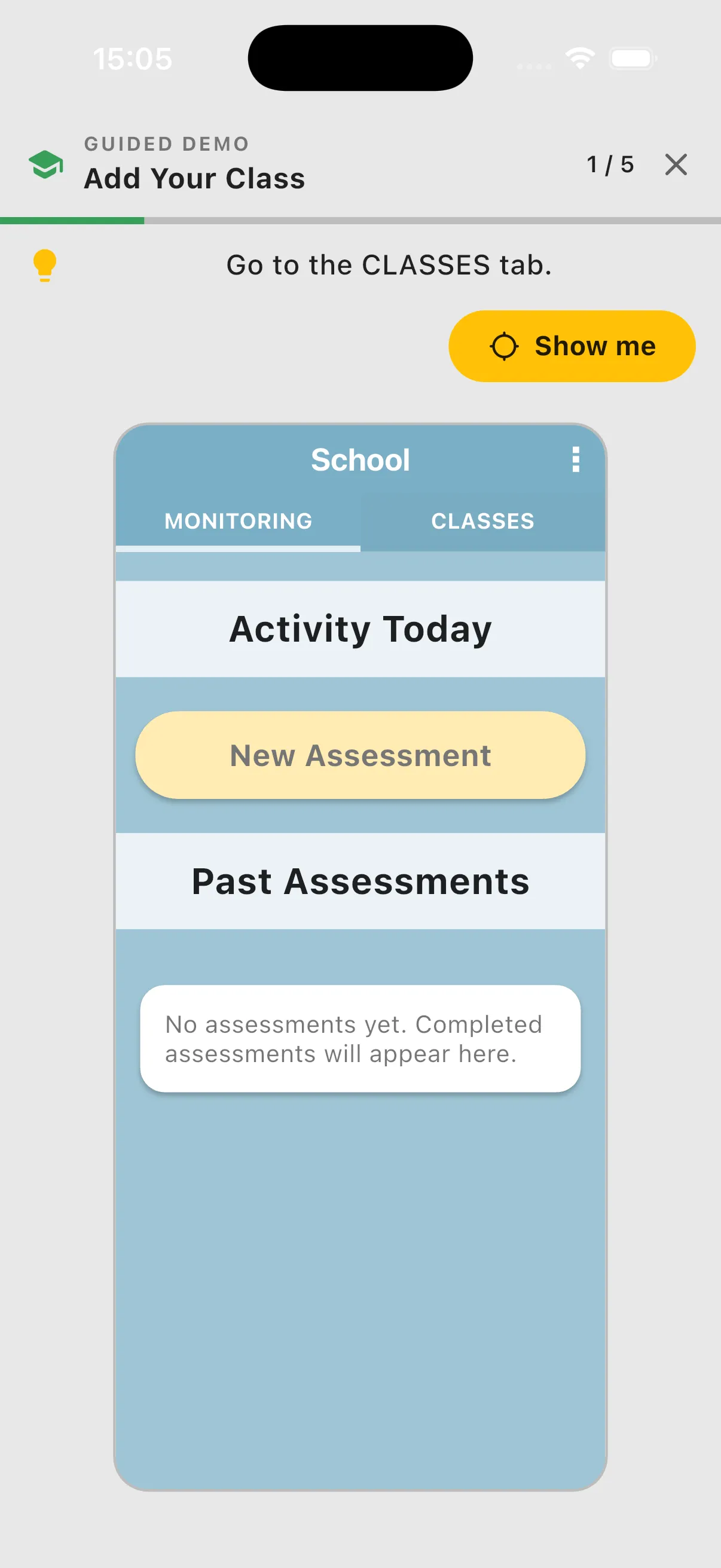 Current guided tutorial with instructions and Show me above the live app preview