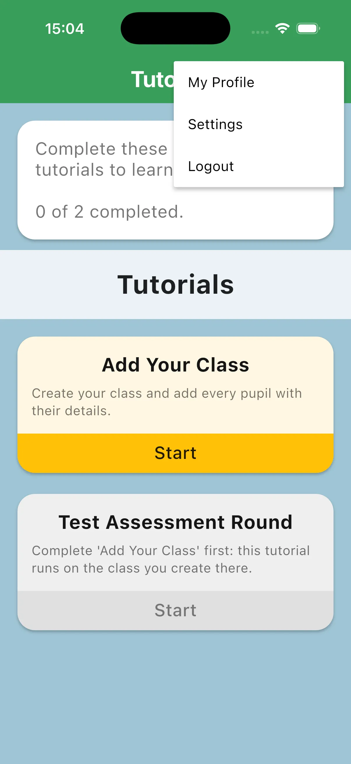 Tutorials menu with Settings available before onboarding is complete