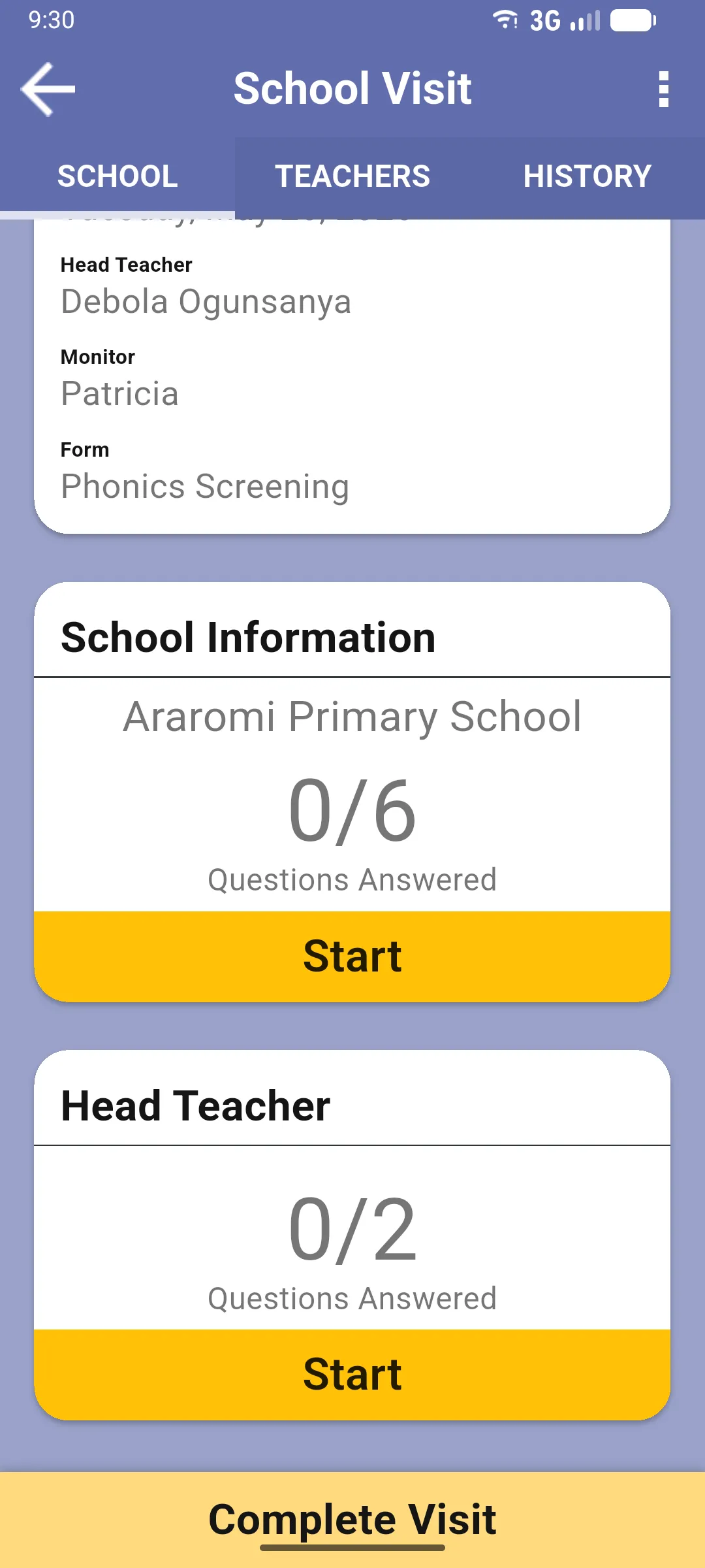 Same screen scrolled down to show the School Information and Head Teacher question sections, each with X/Y Questions Answered and a Start button